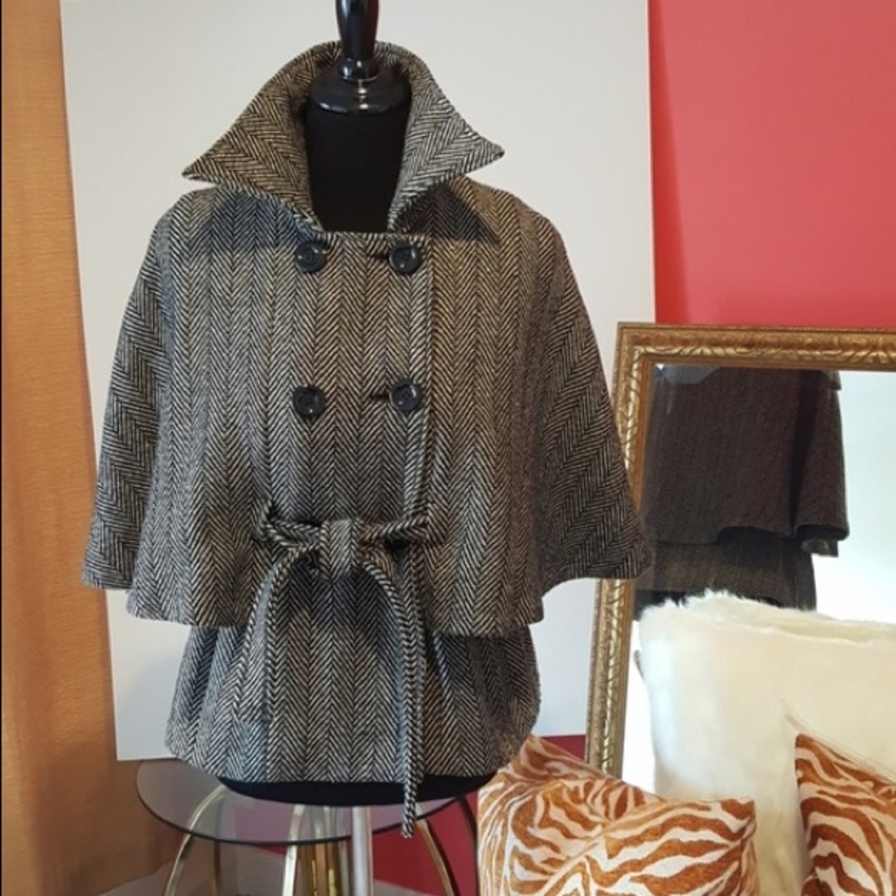 Cejon Herringbone Wool Blend Cape Jacket